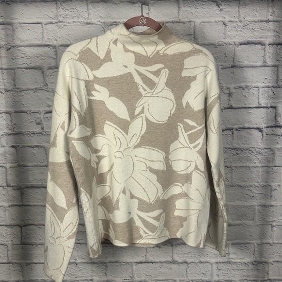 Tahari Beige and Cream Floral Jacquard Mock Neck Sweater - Picture 3 of 9